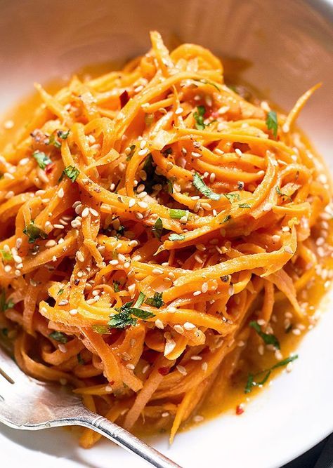 Garlic Butter Sweet Potato Noodles Recipe — Eatwell101 Sweet Potato Spiralizer Recipes, Sweet Potato Noodles Recipe, Spiralized Sweet Potato, Traditional Pasta, Potato Noodles, Zoodle Recipes, Nigel Slater, Sweet Potato Noodles, Veggie Noodles