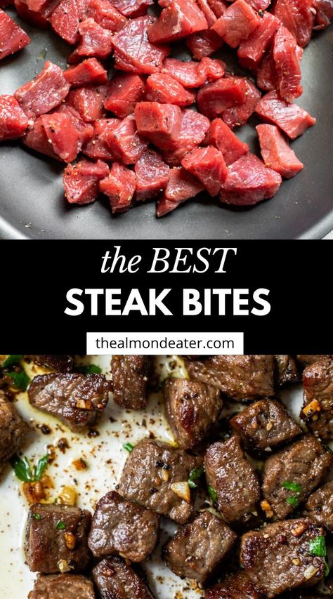 Easy Steak Bites make eating steak convenient and delicious. This steak is bite-sized, so you can eat it with just a fork, and it's covered in grass-fed butter and garlic for loads of flavor. Low Carb Steak Bites Recipe, Steak Bites Recipes Skillet, Ways To Use Steak Meat, Grilled Steak Bites Recipe, Pan Fried Steak Bites, Diner Ideas With Steak, Steak Bites With Zip Sauce, Steak Ends Recipes, How To Cook Steak Bites On Stove