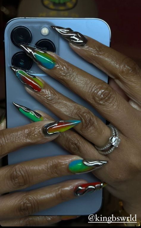 Duo Chrome Nails, Multicolored Nails, Nails Stiletto, Hippie Nails, Long Acrylic Nail Designs, Stiletto Nails Designs, French Acrylic Nails, Culture Magazine, Kawaii Nails