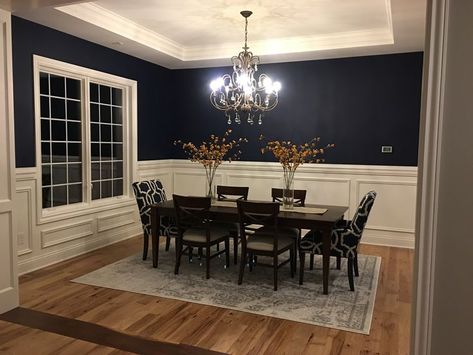 SW 6244 Naval Blue dining room | Dining room blue, Dining room wainscoting, Dining room colors Dark Blue Dining Room, Blue Dining Room Walls, Dining Room Navy, Blue Dining Room, Blue Walls Living Room, Dining Room Wainscoting, Dining Room Paint Colors, Dining Room Updates, Dining Room Paint