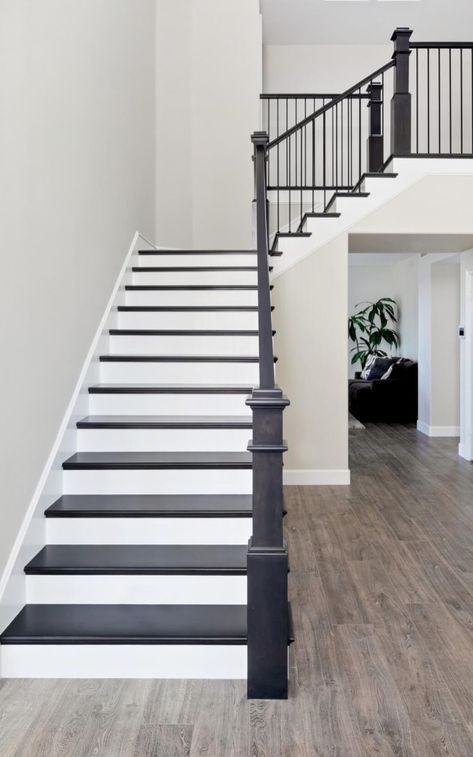 Black Stairs White Walls, Matte Black Railing Stairs, Black Indoor Stairs, Painted Black Stair Railing Modern, Contrasting Floors Between Rooms, French Country Stair Banister, White Stairs Black Metal Railing, Dark Floor With Light Furniture, Stairs White And Black