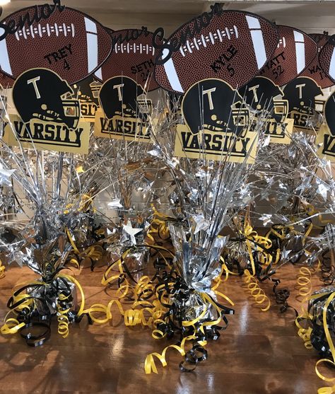 Football Banquet centerpieces for Tomah, Wi Football Banquet Decorations, Sports Banquet Centerpieces, Football Banquet Centerpieces, Senior Night Football, Football Centerpieces, Soccer Banquet, Football Fundraiser, Banquet Centerpieces, Cheer Banquet