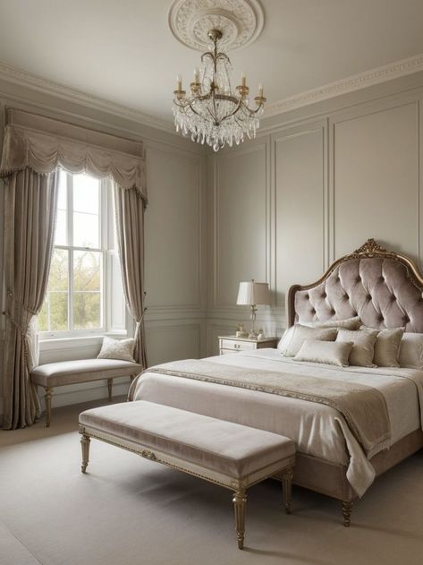 Victorian Room Decor, Gold Bed Frame, Modern Victorian Decor, Vintage Inspired Bedroom, Vintage Decor Ideas, Victorian Room, Victorian Bed, Statement Chandelier, Glamourous Bedroom