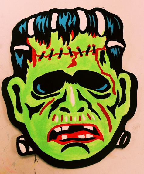 Frankenstein Monster Vintage Halloween Mask by Insert-Name-YouIdiot on DeviantArt Vintage Halloween Monsters, Vintage Halloween Signs, Kitchy Halloween, Vintage Halloween Masks, Vintage Halloween Mask, Vintage Masks, Frankenstein Mask, Halloween Rugs, Glow Halloween