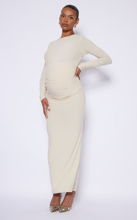 Maternity Stone Soft Touch Ruched Maxi Dress -  #Dress #Maternity #maxi #Ruched #Soft #Stone #touch Baby Shower Outfits For Mum, Baby Shower Outfits For Mom, Baby Shower Maternity Dress, Maxi Dress Maternity, Maternity Suit, Plus Size Corset Dress, Plus Size Corset Tops, Pregnant Outfits, Two Piece Dress Casual