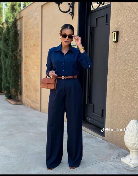 Navy Blue Dress Pants Outfit, Blue Button Down Shirt Outfit Work, Navy Blue Pants Outfit Women, Kefilwe Mabote, Blue Pants Outfit, Dress Pants Outfits, Cute Professional Outfits, Meeting Outfit, Corporate Baddie