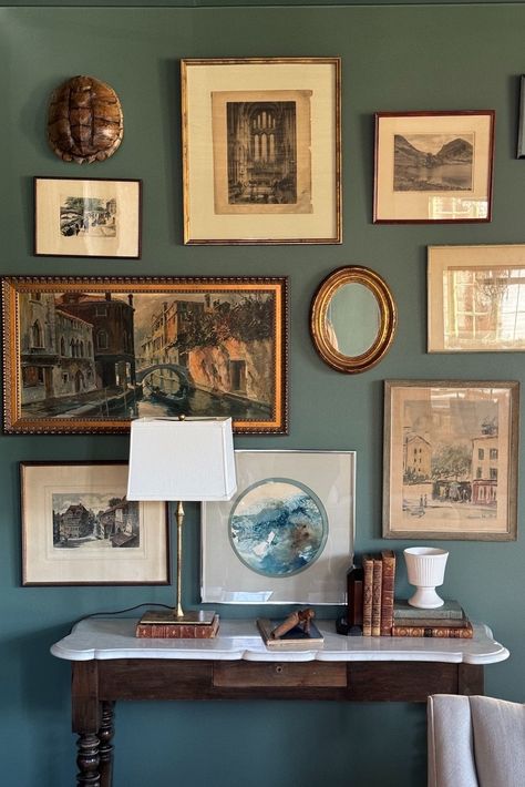 fran-keenan-gallery-wall-copy Sitting Room Gallery Wall, Gallery Wall Of Paintings, Gallery Wall Above Bench, Tiny Gallery Wall, Small Vintage Gallery Wall, Curated Gallery Wall, Layered Gallery Wall, Vintage Family Photo Wall, Gallery Wall On Wallpaper