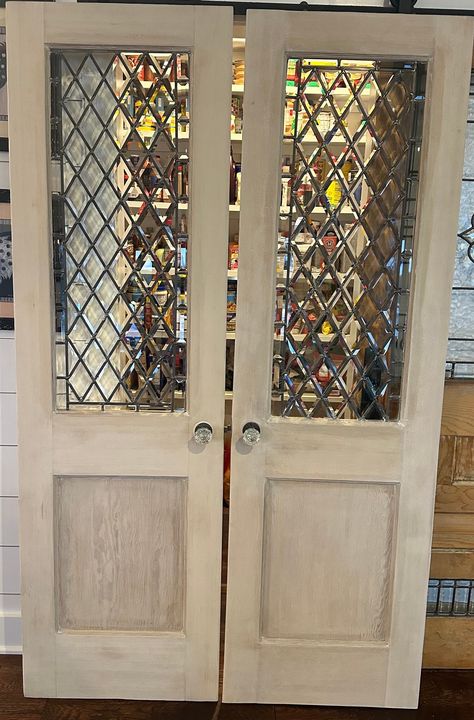 Custom order leaded glass doors. Whitewashed with Diamond bevel pattern in each. Length: 79 3/8" Width: 24" Depth: 1 1/4" Stain: Simply White Leaded Glass French Doors, Transom Doors Interior, Office With Double Doors, Antique Pocket Doors, Victorian Doors Internal, Unique Interior Door, French Doors In Kitchen, Stained Glass Doors Interior, Stained Glass Door Panel