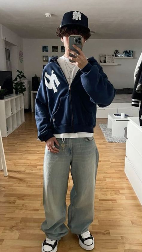 Navy Streetwear Outfit, Navy Zip Up Hoodie Outfit, Soft Skater Boy Outfits, Blue Crewneck Outfit, Zip Up Hoodie Outfit Aesthetic, Zip Up Hoodie Outfit, Hoodie Outfit Aesthetic, Streetwear Boy, Skater Boy Outfits