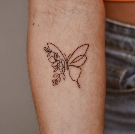 Half Butterfly Half Words Tattoo, No Flower Tattoos, Half Butterfly Half Flower Tattoo With Date, Half Inch Tattoo, February Butterfly Tattoo, Dainty Butterfly Flower Tattoo, Butterfly To Flower Tattoo, Butterfly With Half Flowers Tattoo, Butterfly Tattoo Flower Wings