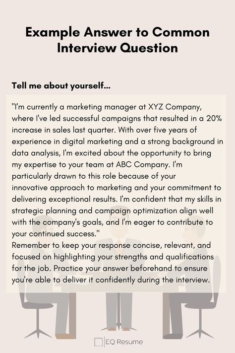 Prepare for your next interview with EQ Resume's example answer to a common interview question. Gain insights on how to craft a compelling response and ace your interview! #interviewtips #interviewquestion #EQResume #careeradvice #jobsearch #careerdevelopment #jobhunt #professionalgrowth #interviewprep #jobapplication Call Center Interview Questions, Tell Me About Yourself Interview Answer, Interview Answers Examples, Best Interview Answers, Job Interview Prep, Job Interview Answers, Interview Help, Interview Techniques, Job Interview Preparation