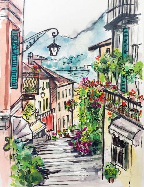 Drawing Ideas Italy, Italy City Drawing, Italy Sketches Easy, Sketches Of Italy, Italian Street Drawing, Watercolor Art Italy, City Drawing Watercolor, Drawings Of Italy, Italy Drawing Easy