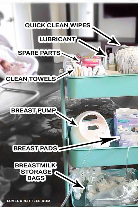 Nursing Set Up, Bedside Pumping Station, Breast Feeding Station Organization, Pumping Station Cart, Pumping Set Up, Pumping Station Organization, Pump Storage Ideas, Nursery Set Up In Parents Room, Breast Pump Storage Ideas