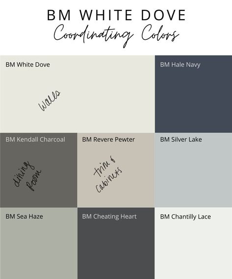 White Dove And Kendall Charcoal, Revere Pewter Coordinating Paint Colors, Bm Revere Pewter Coordinating Colors, Home Color Schemes Interior Modern, Revere Pewter Palette, White Dove And Revere Pewter, Revere Pewter Trim, Bm Collingwood, Revere Pewter Coordinating Colors