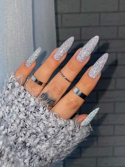 Trendy Silver Nails, New Years Nails Silver Glitter, New Years Long Nails, New Year Nails Design 2024 Almond, Silver Nails Christmas, New Years Nails Long, New Years Nails Silver, New Years Nails Almond Shape, White New Years Nails