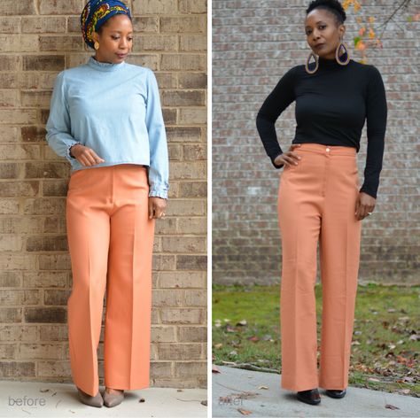 before-after-waistband-alteration Pants Too Big, Altering Pants, Clothes Alterations, Big Pants, Thrift Store Shopping, Muumuu Dress, Studio Pants, Slacks For Women, Orange Outfit