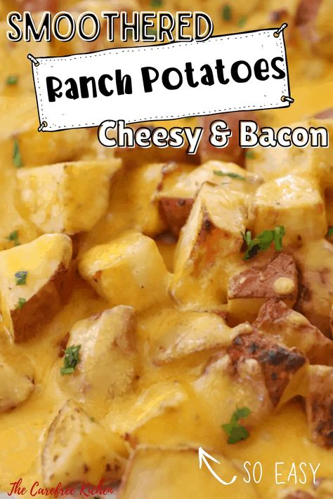 These Cheesy Bacon Ranch Potatoes are total comfort food that the whole family will love. They’re made with red potatoes that have been tossed in ranch dressing mix, oven-roasted and smothered in gooey cheddar cheese and bacon bits. #thecarefreekitchen #potatoes #sidedish #ranchpotatoes #hiddenvalley #easyrecipe #bacon Cheese Ranch Potatoes, Red Potatoes Oven, Cheesy Bacon Ranch Potatoes, Small Potatoes Recipe, Ranch Potatoes Baked, Bacon Casserole Recipes, Ranch Potato Recipes, Bacon Cheese Potatoes, Smothered Potatoes