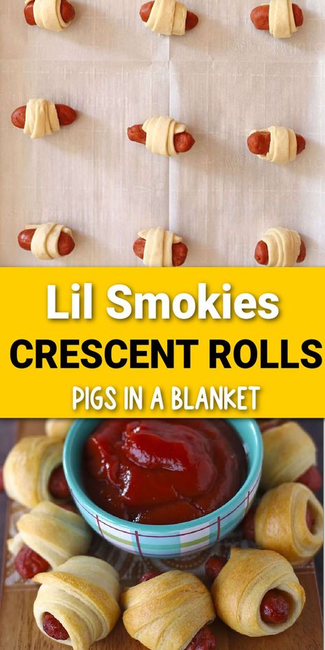 mini hot dogs wrapped in crescent rolls baked with Pinterest overlay. Smokies Crescent Rolls, Lil Smokies Crescent Rolls, Little Smokies Crescent Rolls, Delicious Party Appetizers, Bite Sized Appetizers, Sausage Crescents, Little Smokies Recipes, Potluck Appetizers, Yummy Appetizers Parties