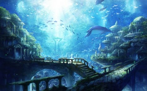 Anime Original Wallpaper City Ruins, Underwater Ruins, Bawah Air, Underwater City, Color Script, City Background, Strange Places, Anime Backgrounds Wallpapers, Fantasy City