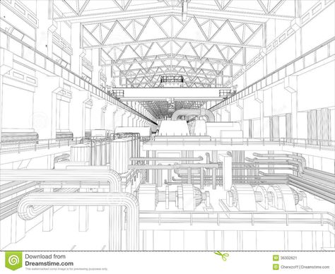 Factory interior with gantries. Factory Plan, Factory Layout, Blueprint Drawing, Factory Interior, Realistic Sketch, Industrial Factory, Gantry Crane, Perspective Drawing Lessons, Lines Wallpaper