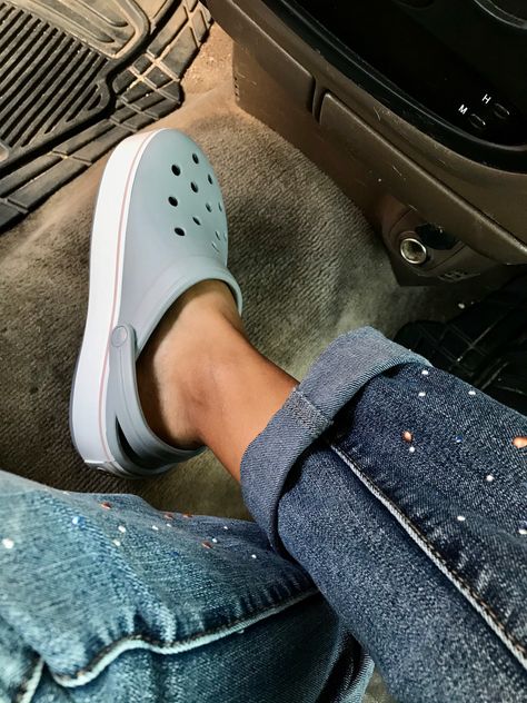 #Crocs #platform #Lightblue #dope #Grey #Ki Crocs Astethic, Grey Crocs, Designer Crocs, Platform Sandals Outfit, Crocs Aesthetic, Crocs Platform, Court Outfit, Crocs Outfit, High Heel Sandals Platform