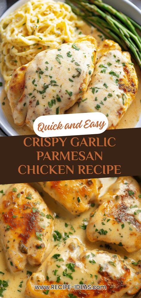 Savor the deliciousness of this Crispy Garlic Parmesan Chicken, a perfect dish for busy weeknights or classy dinner parties. With its irresistible golden-brown crust and juicy interior, this chicken recipe delivers flavor that everybody will love. Seasoned to perfection with garlic and parmesan cheese, this dish not only satisfies your taste buds but also adds excitement to your dinner table. Serve it alongside garlic mashed potatoes, steamed vegetables, or a fresh salad for a hearty meal that impresses your family and friends. Garlic Parmesan Chicken And Potatoes, Classy Dinner Party, Classy Dinner, Chicken Parmesan Recipe, Crispy Garlic, Chicken Crispy, Garlic Parmesan Chicken, Garlic Mashed Potatoes, Parmesan Chicken