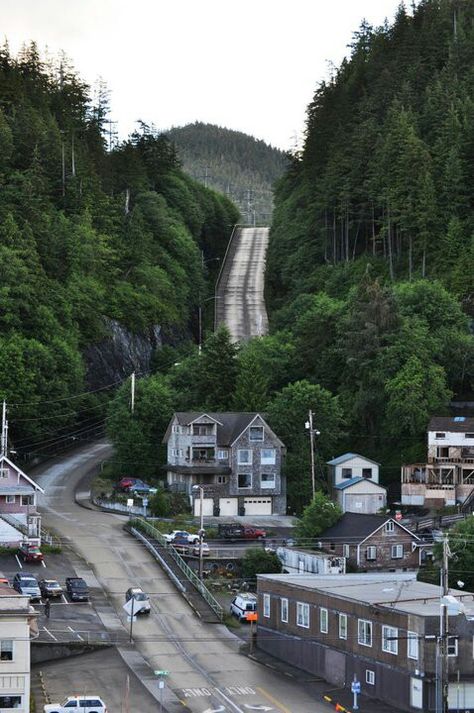 Wouldn't want to drive this street in the winter months of Ketchikan, Alaska Alaska City Aesthetic, Alaska Ketchikan, Small Town Alaska, Alaska Town, Alaskan Town, Alaska Lifestyle, Alaska Town Aesthetic, Alaska Living, Alaska Aesthetic