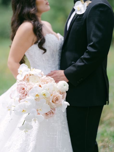 White And Blush Bouquet Wedding, Peony Orchid Bouquet, Blush And White Rose Bridal Bouquet, Modern Wedding Bouquet 2023, Orchid Rose Bouquet, Orchid And Rose Bouquet, Rose And Orchid Bouquet, White And Blush Bridal Bouquet, Pink Orchids Bouquet