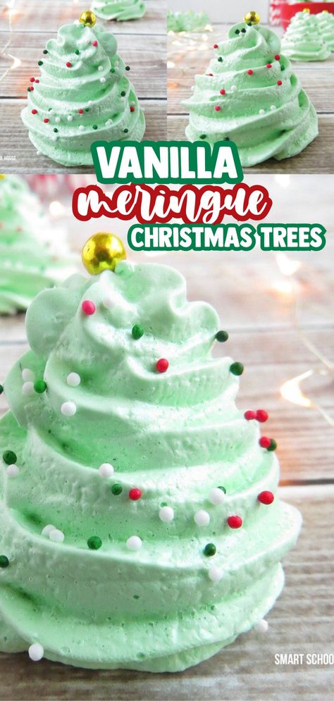 Meringue Trees Christmas, Tree Meringue Cookies, Christmas Tree Meringue Cookies, Meringue Christmas Cookies, Fun Christmas Treats For Kids, Xmas Cookies Recipes Holiday Treats, Meringues Christmas, Merange Cookies Meringue, Meringue Christmas Tree