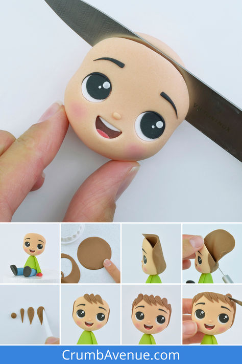 Fondant Characters Tutorial, Fondant People Tutorial Step By Step, Cute Birthday Cakes For Kids, 2d Fondant Cake Topper, Fondant Man Figure Tutorial, Fondant Face, Kids Cake Toppers, Hair Hat, Boy Cake