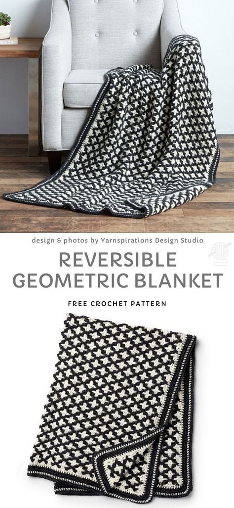 Reversible Geometric Blanket Free Crochet Pattern Black White Gray Crochet Blanket Pattern, Throw Pattern Crochet, Modern Crochet Free Patterns, Modern Crochet Throw Pattern Free, Geometric Mosaic Crochet, Reversible Crochet Blanket, Geometric Crochet Blanket Pattern Free, Free Reversible Crochet Patterns, Reversible Crochet Blanket Pattern