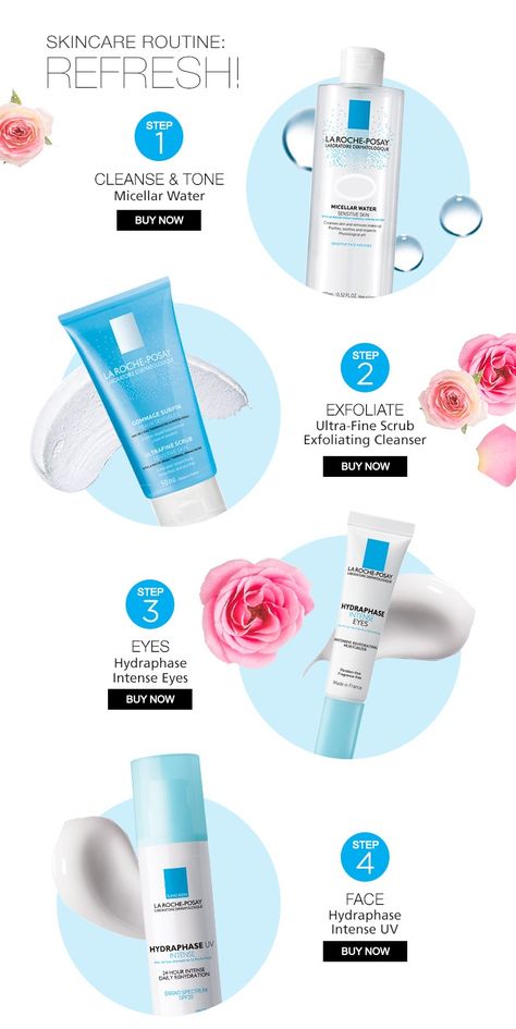 Step 1: Cleanse with Micellar Water  Step 2: Exfoliate with Ultra-Fine Scrub  Step 3: Care for your eyes with Hydraphase Intense Eyes Step 4: Moisturize with Hydraphse Intense UV with SPF  #LaRochePosay #Hydraphase Intense Eyes, Bio Pool, Algerian Clothing, Cosmetics Banner, Email Design Inspiration, Cosmetic Design, Micellar Water, Social Media Design Inspiration, Promotional Design