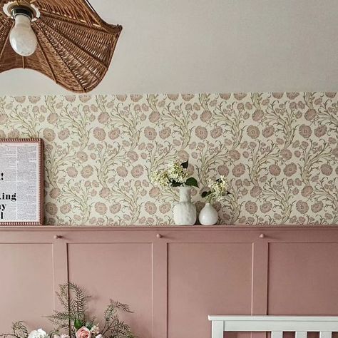 Emma | Family Home Decor & DIY | Mum of 4 on Instagram: "Swipe to see the makeover stages in the bedroom 🌸 I think that adding the pink and the wall panelling has added character where none existed before...BUT...  ...Honest truth, this room makeover still isn't finished. I still have furniture to upcycle, we need to save up for a new bed, im thinking of carrying the wall panelling all around the room rather than just one feature wall, and I'm not sold on the wallpaper 😬🫣...it is beautiful but I think combined it's a little bit too pink, what do you think?  #pinkbedroom #roommakeover #wallpanelling #pinkpanelling #bedroommakeover" Bedroom Wallpaper And Paneling, Floral Wallpaper With Panelling, Pink Walls With Wallpaper, Small Nursery Panelling, Half Wallpaper Nursery Wall, Wallpaper Above Panelling Bedroom, Pink Nursery Panelling, Girly Accent Wall Ideas, Girls Bedroom Panelling Ideas