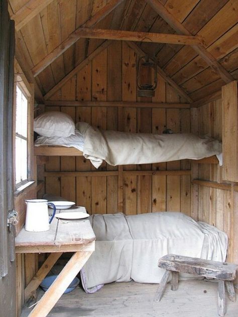 Bunks! Building With Tree Branches, Small Space Bedroom, Little Cabin, Bunk House, Small Cabin, Cabins And Cottages, Cabin Life, Rustic Cabin, Tiny Living