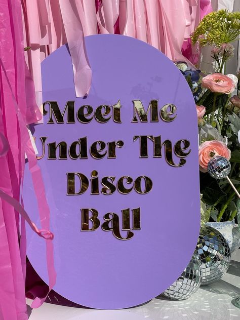 Meet Me Under The Disco Ball, 90 Party Decorations, Disco Theme Table Setting, Abba Wedding Theme, Pink Orange Disco Wedding, Purple Bachelorette Party Decorations, Rave Wedding Theme, Disco Banquet, Groovy Wedding Ideas