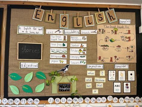 Mrs W on Instagram: “🌿 English working wall 🌿 Here’s my English working wall for our new topic ‘The Great Kapok Tree’. It’s still a work in progress but the…” English Working Wall Ks2, Year 1 Transition Activities, English Board Ideas, Year 3 Classroom Ideas Uk, English Working Wall, Year 3 Classroom Ideas, Literacy Working Wall, The Great Kapok Tree, Working Wall Display