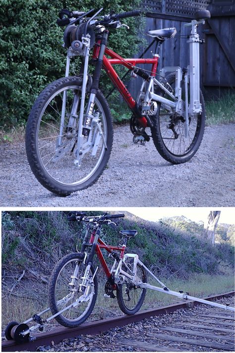 Bike can be ridden on the road and then converts to railbike to ride the abandon tracks on the coast of central california. | Bike DIY | Railroad tracks Rail Bike, Bike Diy, Biking Diy, Rail Car, Car Bike, Track Bike, Central California, Central Coast, Folded Up