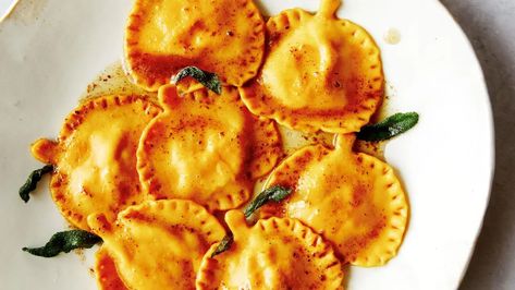 Pumpkin Ravioli Recipe | Food Network Kitchen | Food Network Pumpkin Ravioli Recipe, Butter Sage Sauce, Pumpkin Shaped Cookies, Brown Butter Sage, Brown Butter Sage Sauce, Easy Homemade Pasta, Sage Sauce, Squash Ravioli, Pumpkin Ravioli