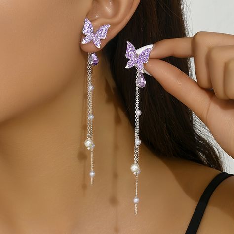 Outfit Pieces, Shotting Photo, Elegant Moments, Butterfly Earrings Stud, Alloy Earrings, Purple Rhinestone, Eid Al Adha, Bow Earrings, Purple Butterfly