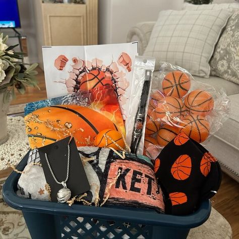 Basketball Gift Basket for Bouys Basketball Basket Gift Ideas, Basketball Gift Basket, Nephew Gifts, Basketball Camp, Basketball Gifts, Gift Table, Niece And Nephew, Basketball Players, Gift Basket