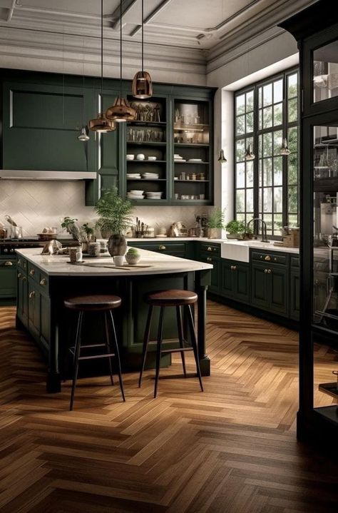 Green Marble And Walnut Interior, Cozy British Home, Tudor Style Homes Interior Kitchen, Viridian Kitchen, Dark Green And Gold Kitchen, Dark Green House Aesthetic, Dark Green Kitchens, Dark Green Interior Design, Kitchen With Green Cabinets