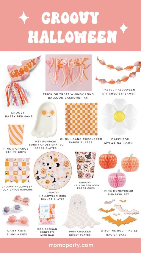 Pink Orange Halloween Party, Groovy Halloween Birthday Party, Pink And Orange Halloween Party, Groovy Halloween Birthday, Groovy Ghost Party, Pink Halloween Party Ideas, Hippie Halloween Party, Groovy Halloween Decor, Pink And Orange Halloween Decor