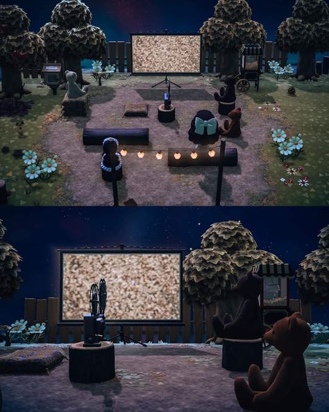 Acnh Amphitheatre, Drive In Movie Animal Crossing, Movie Area Acnh, Outdoor Movie Area Acnh, Acnh Theater Design, Acnh Movie Theatre Design, Animal Crossing Projector Screen, Outdoor Movie Acnh, Acnh Cinema Design