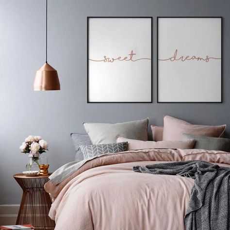 Happy October - Katherines Corner Interior Design Bedroom Master, Rose Gold Print, Grey Bedroom, Above Bed, Coron, Bedroom Designs, April 25, Bedroom Decoration, Gold Print