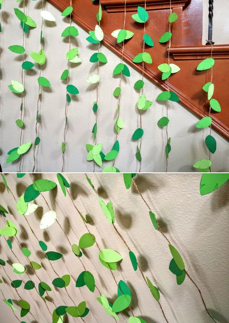 Vines and leaves decor How To Make Diy Vines For Your Room, Classroom Leaves Decor, Plant Birthday Party Decorations, Nature Themed Birthday Party Decorations, Diy Vines Decoration Paper, Paper Vines Diy Leaf Garland, How To Make Paper Vines, Diy Vines Paper, Plant Themed Party Decor