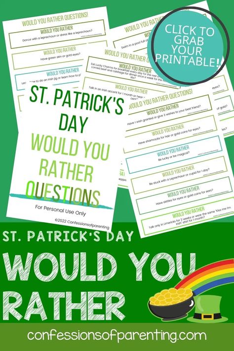 Best Would You Rather, Chocolate Gold Coins, Irish Jig, Would You Rather Game, Rainbow Donut, O Week, Rather Questions, Irish Accent, Wish Granted