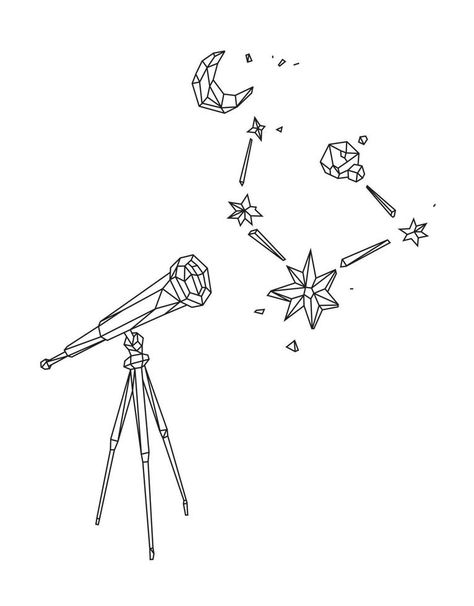 Low poly illustration of a telescope against a starry sky and the moon. Vector. Outline drawing. Retro style. Background, symbol, emblem for the interior. Business metaphor. Starry Sky Drawing, Telescope Tattoo, Telescope Drawing, Poly Illustration, Drawing Retro, Nerdy Tattoos, Jacket Drawing, Moon Vector, Scar Tattoo