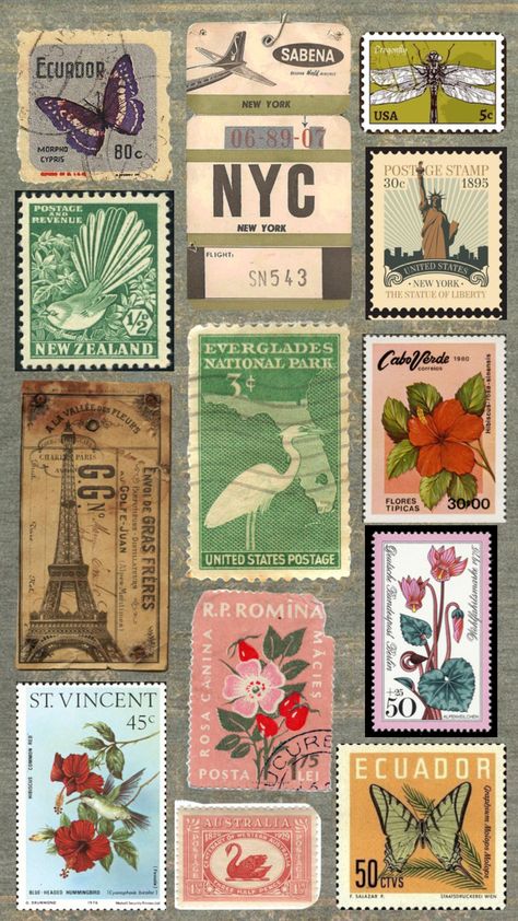 Mail Stamps Aesthetic, Mail Stamp Aesthetic, Stamps Aesthetic Vintage, Aesthetic Vintage Letter Ideas, Scrapbook Stickers Printable Vintage Aesthetic Green, Postcard Aesthetic Design, Journal Pics To Print, Aesthetic Postcard Printable, Collage Letters Aesthetic