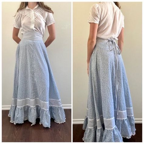 Vintage 70s Gunne Sax Style Skirt, 1970s Blue Floral Prairie Skirt Diy Prairie Skirt, Gunne Sax Skirt Outfit, Prairie Skirt Pattern, 70s Prairie Style, Prairie Skirt Outfit, Prairie Outfit, 1970s Cowboy, Praire Dresses, Gunne Sax Skirt