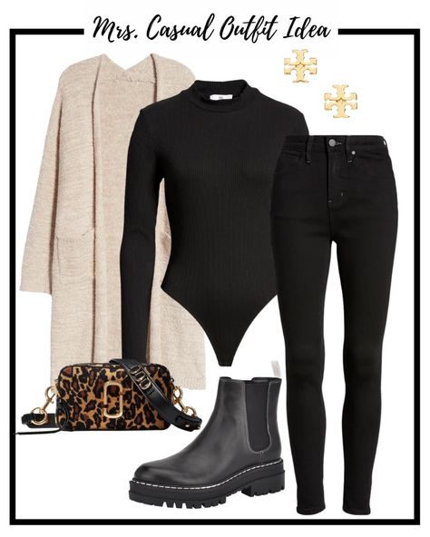 A Week’s Worth of MrsCasual Outfit Ideas Black Bodysuit Outfit Winter, Bodysuit Outfit Winter, Jeans Chelsea Boots, Lv Beanie, Black Bodysuit Outfit, Jeans And Bodysuit, Chelsea Boots Outfit, Boots Leopard, Bodysuit Outfit